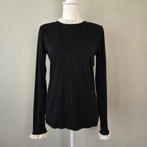 Dark Feminine Blouse Ruffle Trim Long Sleeve Black White M Dainty Ann Taylor
